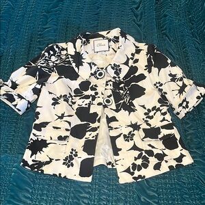 Chaus Navy and White Blouse with Bold Floral Design